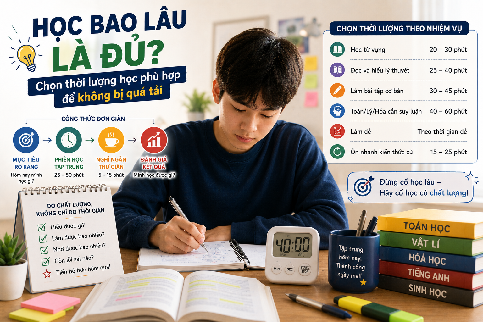 Học 30 phút hay 2 tiếng? Cách chọn thời lượng học phù hợp để không bị quá tải